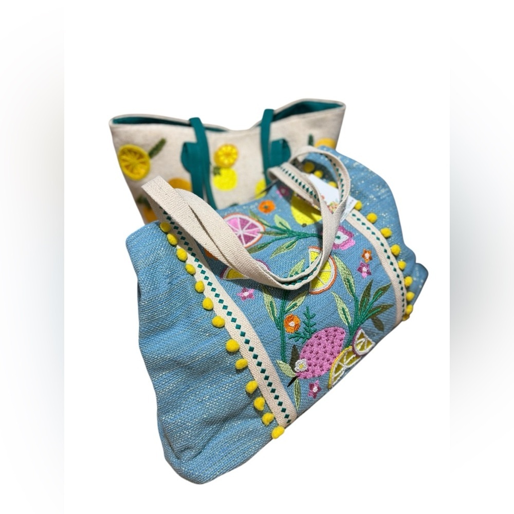 Beach Bag Express Edit Tote-Blue Tropical Embroidered Tote Bag with Pom-Pom Trim - Picture 13 of 16